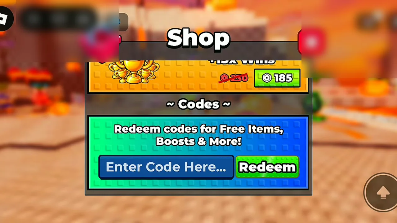 The Codes redemption area inside the Shop with text field and green Redeem button