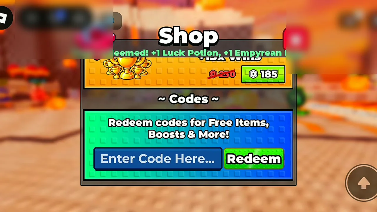 Confirmation banner showing Code redeemed with Potions and Egg awarded