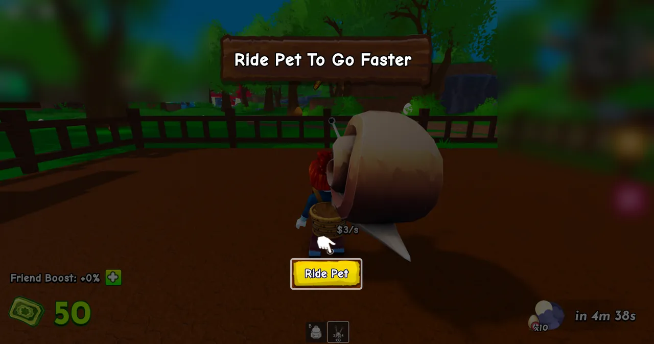 Ride A Pet starter farm area showing player with a snail pet and Ride Pet button under a wooden sign