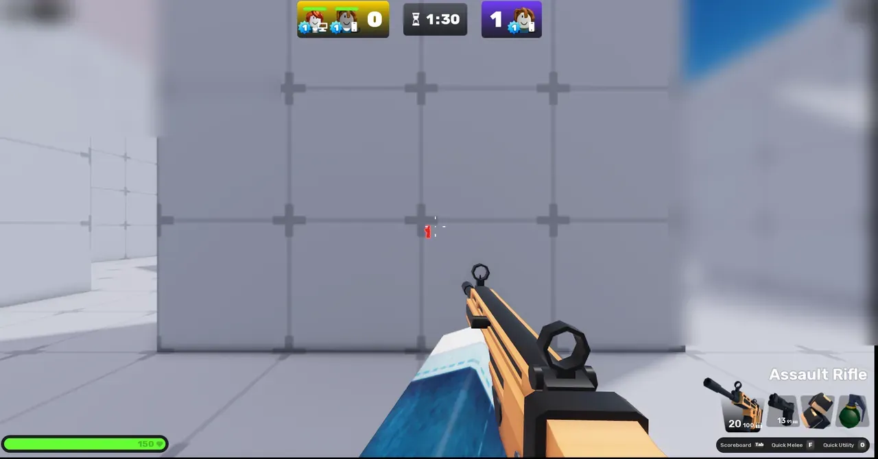 Rivals first-person Assault Rifle view in white training arena with team score and match timer HUD