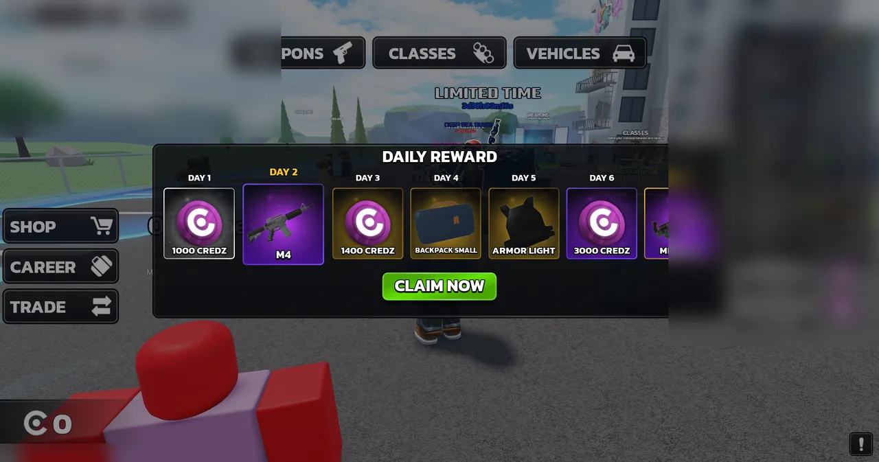 Runaways town spawn displaying Daily Reward modal with M4 weapon and Credz progression alongside Weapons, Classes, and Vehicles navigation