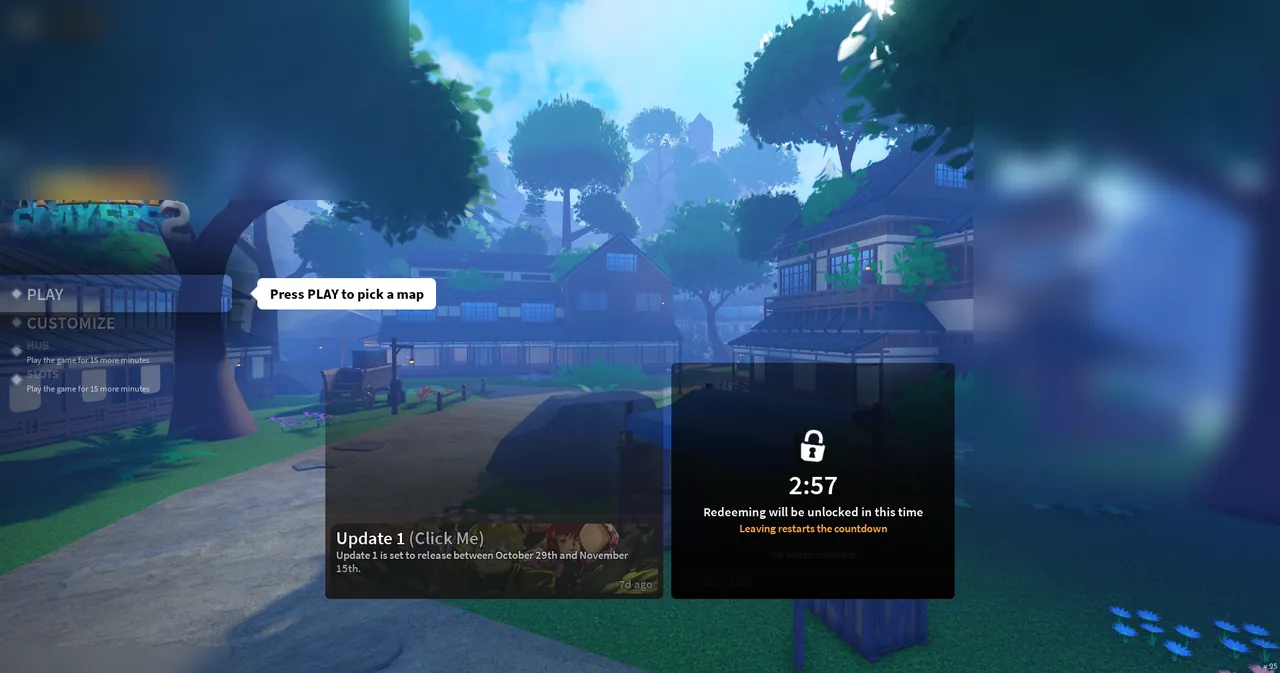 Slayers 2 village environment with traditional buildings, stone pathway, wooden cart, and the 2:57 code redemption unlock timer