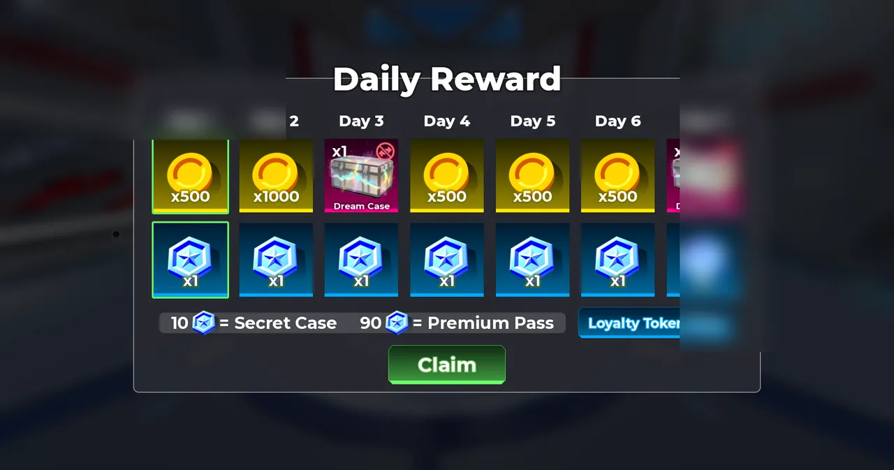 Bảng Daily Reward trong Sniper Arena hiển thị xu hàng ngày, rương Dream Case, các mốc đổi Loyalty Tokens và nút Claim màu xanh