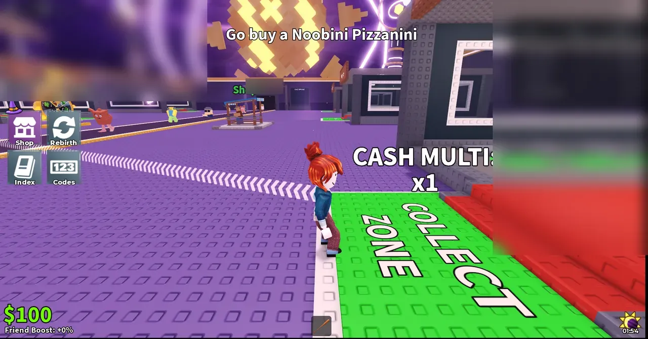 Steal a Brainrot base view showing collect zone, cash multiplier, and Codes menu button