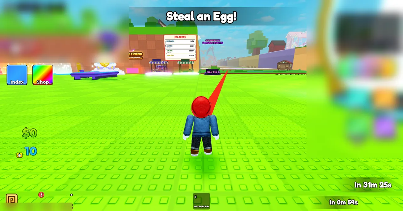 Steal Animal Egg spawn lawn displaying the Steal an Egg banner, Egg Drops board, red directional beam, Baseball Bat equipment, and currency HUD