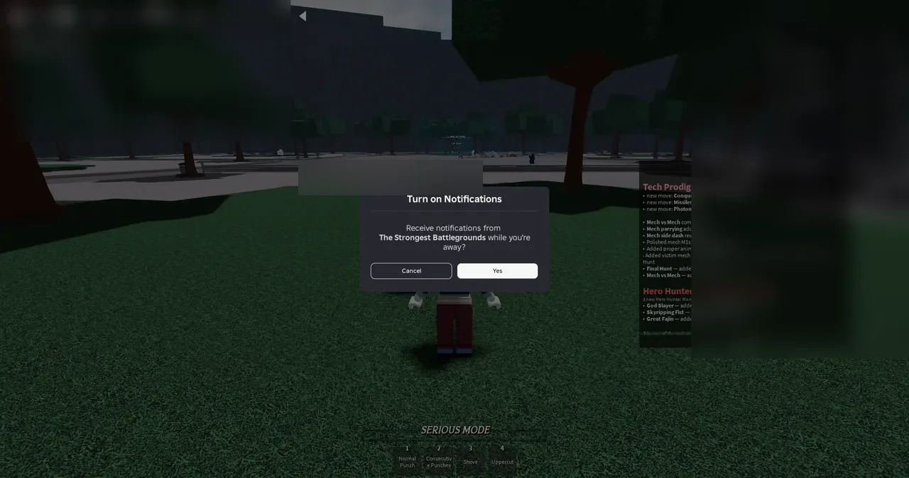 The Strongest Battlegrounds arena with player character in serious mode and update board
