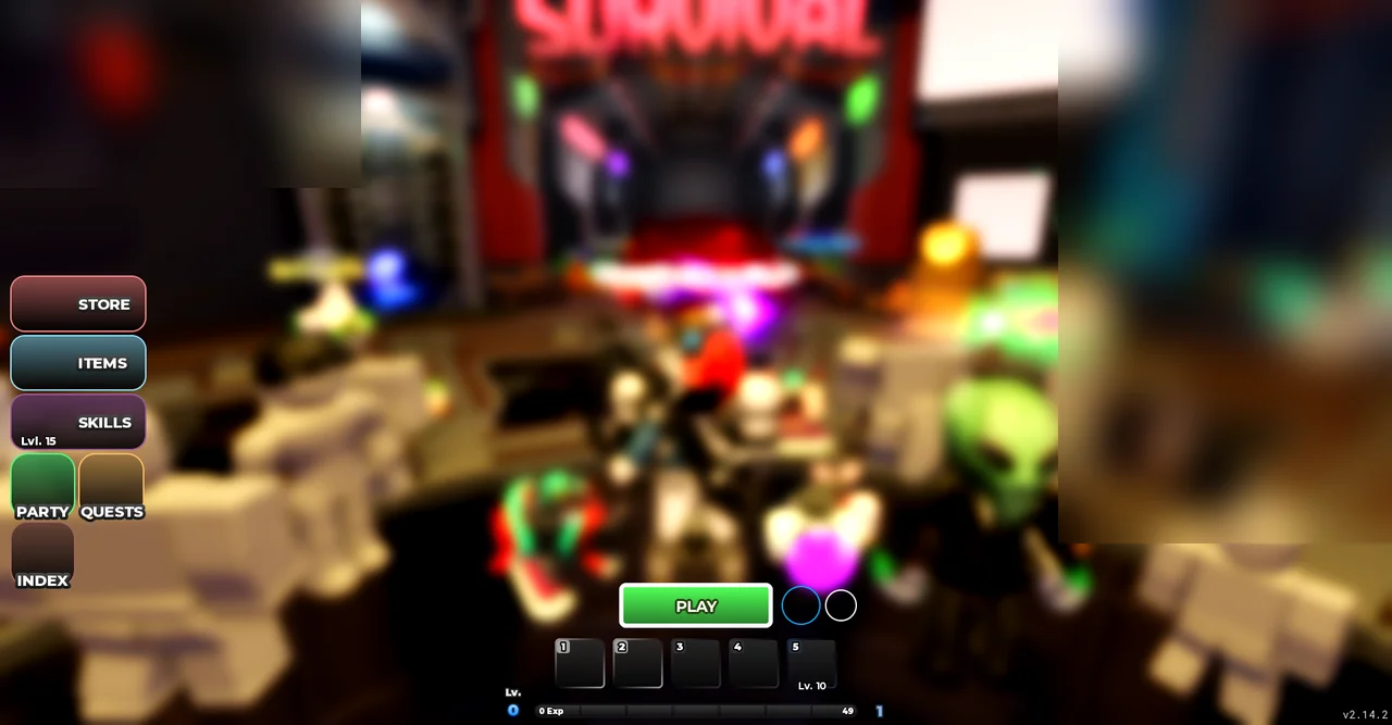 Tower Defense Simulator Survival lobby showing glowing Survival archway, Play button, hotbar slots, and sidebar menus