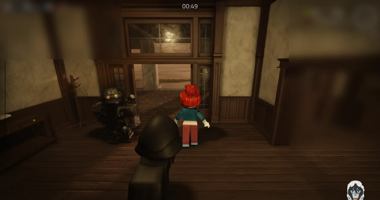 Violence District lobby interior showing wooden entrance hall with doorway, countdown timer, and player character models