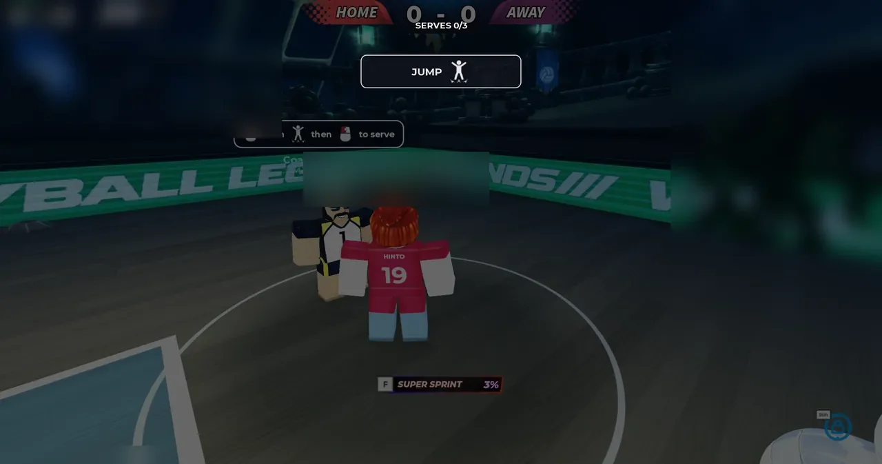 Volleyball Legends practice court showing Coach Taichou, Jump prompt, and tutorial scoreboard